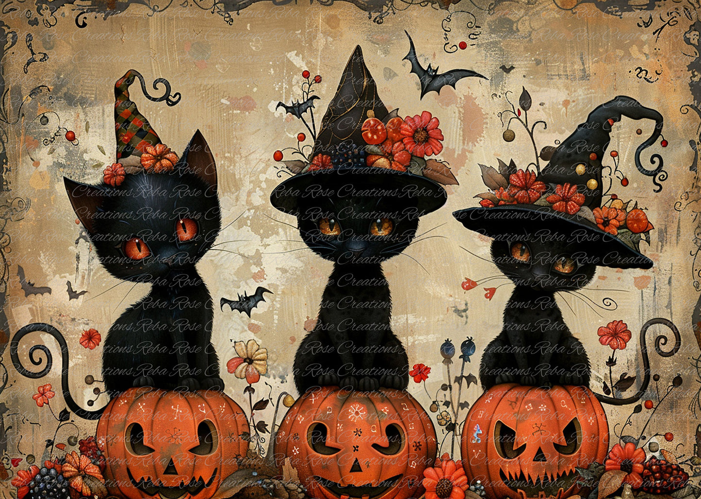 Reba Rose Creations, Rice Paper for Decoupage, Halloween Kittens, Black Cats, Pumpkins, Witch Hats, Mixed Media, 2182, A4, 8.27 X 11.6