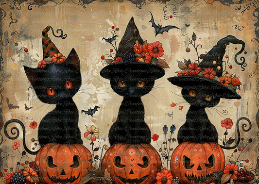Reba Rose Creations, Rice Paper for Decoupage, Halloween Kittens, Black Cats, Pumpkins, Witch Hats, Mixed Media, 2182, A4, 8.27 X 11.6