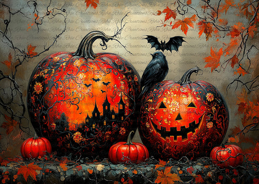 Reba Rose Creations, Rice Paper for Decoupage, Halloween Painted Pumpkins, Jack-Lanterns, Raven, Mixed Media, 2183, A4, 8.27 X 11.6