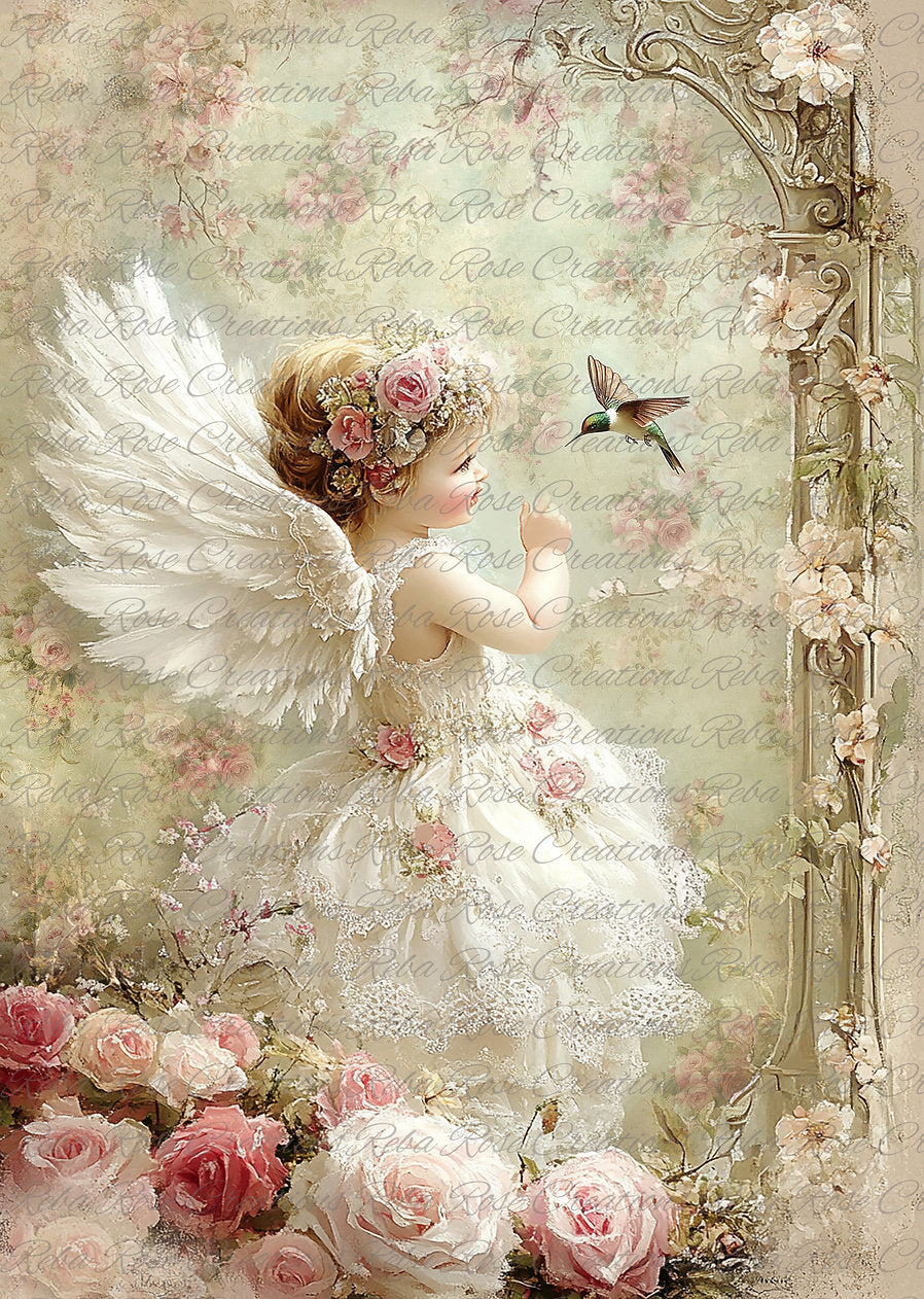 Reba Rose Creations, Rice Paper for Decoupage, Mixed Media, Fairy Angel Girl, Roses, Hummingbird, Shabby Chic, Vintage Style, A4 8.27 X 11.6