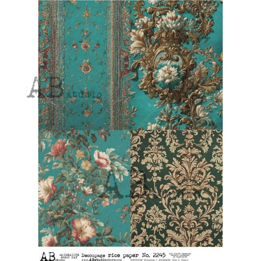 AB Studio, Rice Paper for Decoupage, Turquoise, Teal, Wallpaper, Floral Background, Squares, Vintage Style, 2245, A4, 8.27 X 11.69 Imported