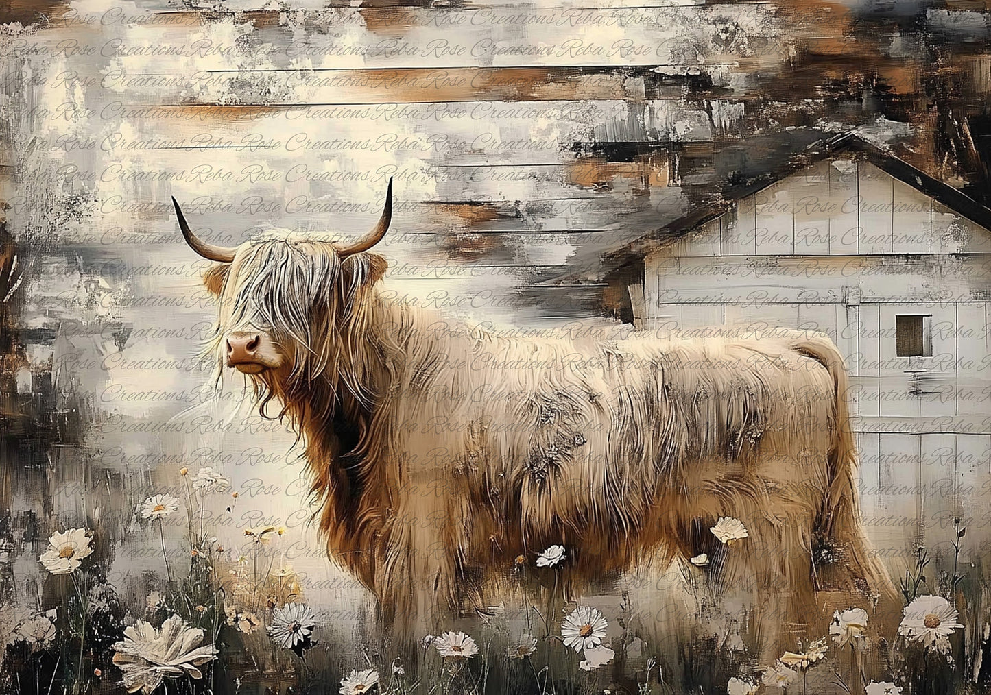 Reba Rose Creations, Rice Paper for Decoupage, Mixed Media, Highlander, Cow, Rustic Country, A4 8.27 X 11.6