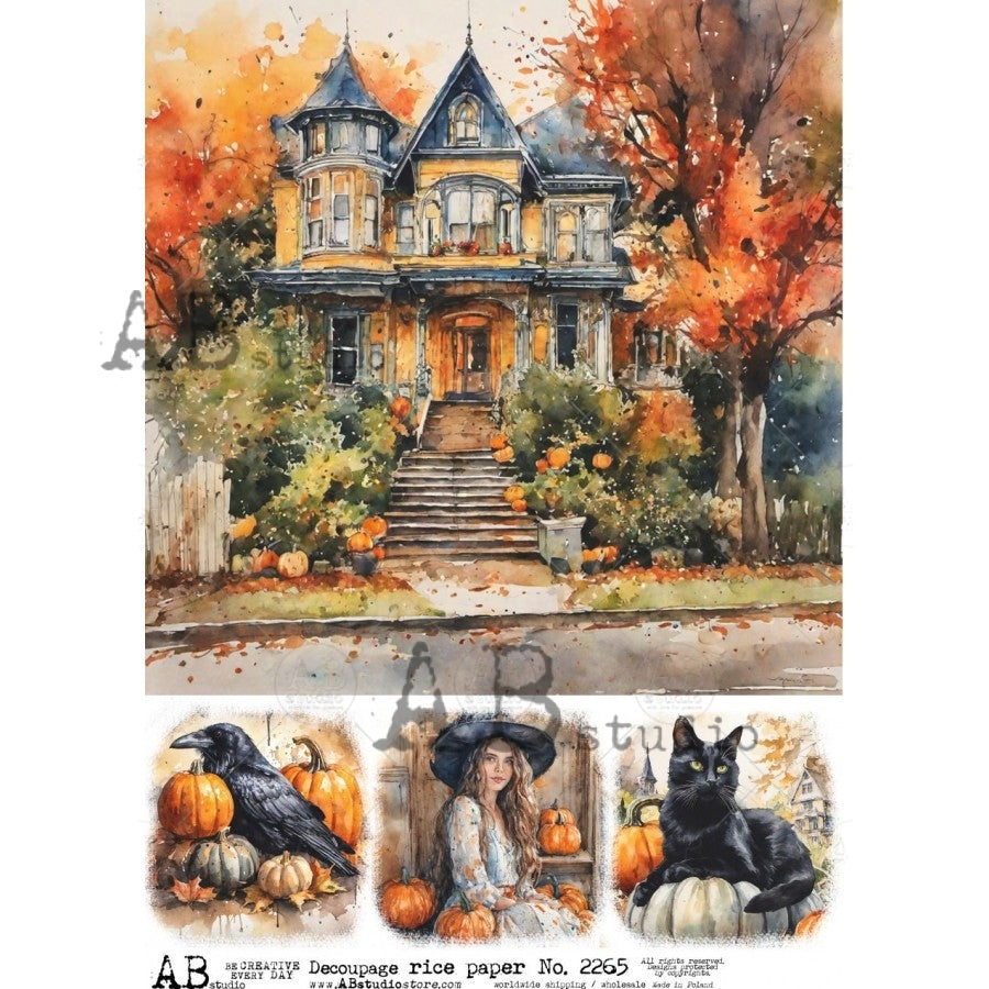 Handcrafted, Shabby Chic, Mixed Media, Decoupage, Pumpkin, Plaque, Haunted House, Halloween, Fall, Decoration, Laser Cut MDF