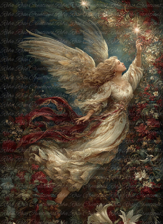 Reba Rose Creations, Rice Paper for Decoupage, Mixed Media, Floral, Christmas Victorian Angel, Shabby Chic, Vintage Style, A4 8.27 X 11.6