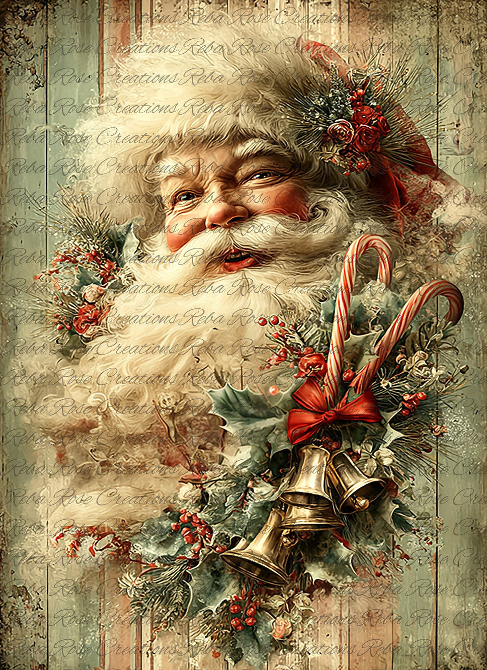 Reba Rose Rice Paper for Decoupage, Mixed Media, Vintage Christmas Santa Portrait, A4 8.27 X 11.6