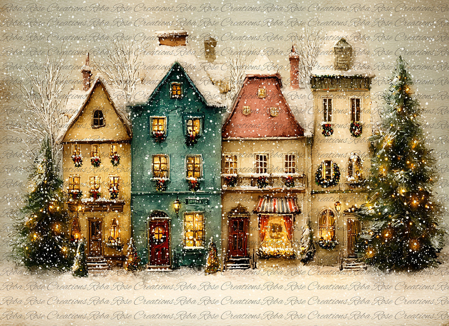 Reba Rose Creations, Rice Paper for Decoupage, Mixed Media, Christmas, Row Houses, Village,  A4, 8.27 X 11.6