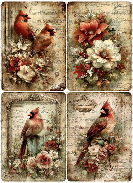 Reba Rose Rice Paper for Decoupage, Mixed Media, Vintage Christmas Cardinals, Poinsettias, A4 8.27 X 11.6