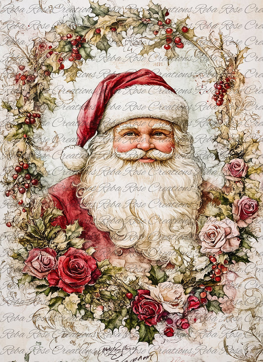 Reba Rose Rice Paper for Decoupage, Mixed Media, Vintage Christmas Santa Portrait, Winter Rose, A4 8.27 X 11.6