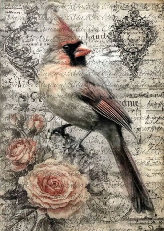 Reba Rose Creations, Rice Paper, Decoupage, Mixed Media, Roses, Cardinal, Bird, Shabby Chic, Vintage Style, 2395, A4 8 X 11 Reba Rose