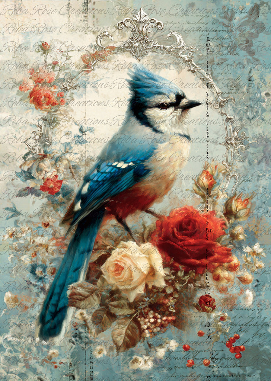 Reba Rose Creations, Rice Paper for Decoupage, Mixed Media, Blue Cardinal, Flowers, Roses, Vintage Style,  A4 8.27 X 11.6