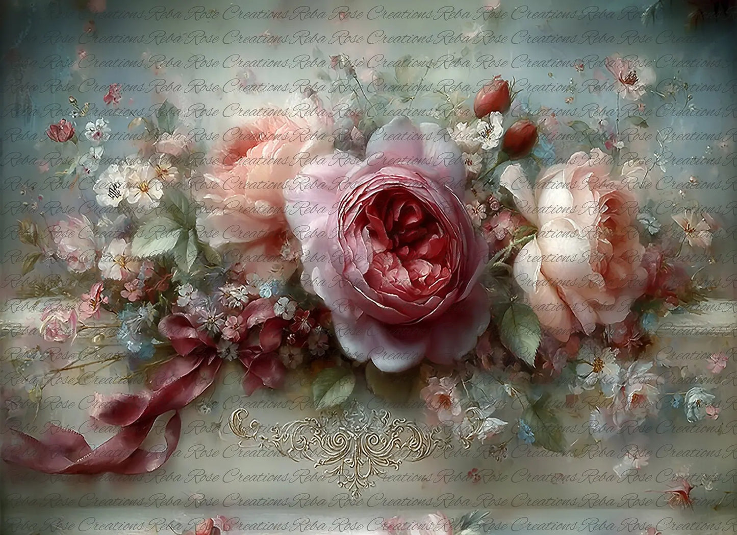 Reba Rose Creations, Rice Paper, Decoupage, Mixed Media, Roses, Pink Flowers, Shabby Chic, Vintage Style, 2434 A4 8 X 11 Reba Rose