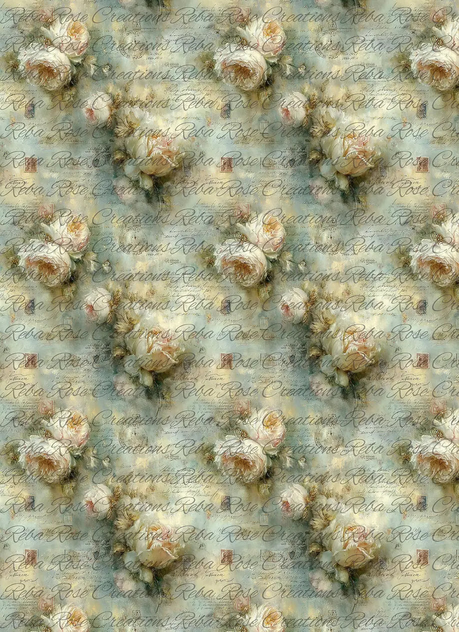 Reba Rose Creations, Rice Paper, Decoupage, Mixed Media, White Floral Background, Shabby Chic, Vintage Style, Wallpaper, 2444 A4 8.27 X 11.6 Reba Rose
