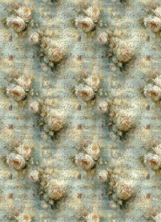 Reba Rose Creations, Rice Paper, Decoupage, Mixed Media, White Floral Background, Shabby Chic, Vintage Style, Wallpaper, 2444 A4 8.27 X 11.6 Reba Rose