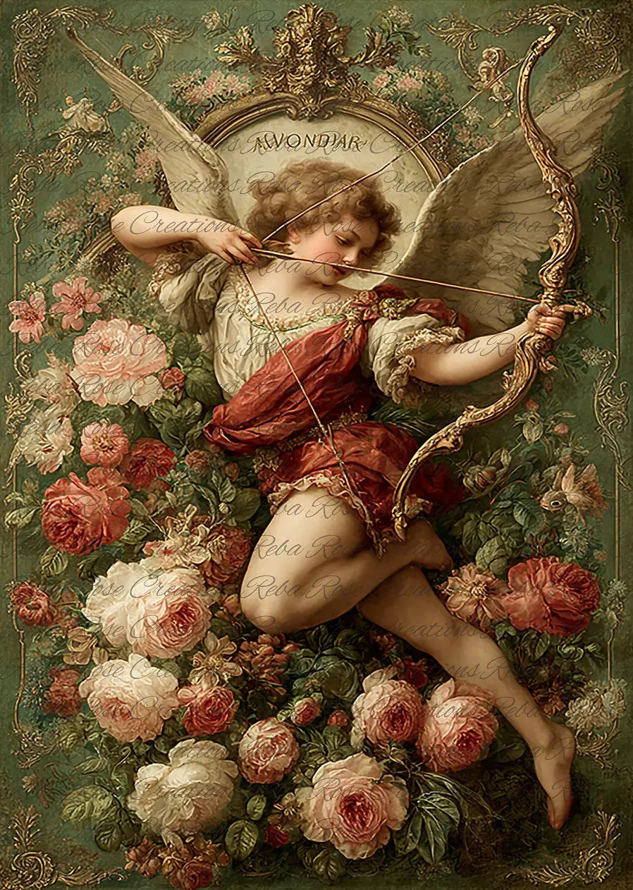 Reba Rose Creations, Rice Paper, Decoupage, Mixed Media, Victorian Cupid, Roses, Flowers, Shabby Chic, Vintage Style, 2462 A4 8 X 11 Reba Rose