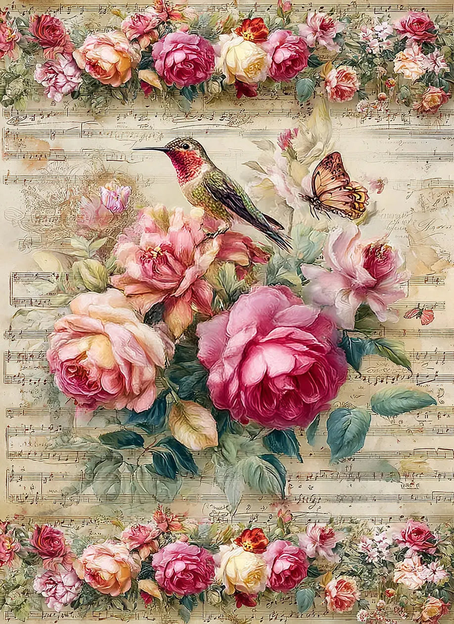 Reba Rose Creations, Rice Paper, Decoupage, Mixed Media, Hummingbird, Pink Flowers, Music Sheet, Shabby Chic, Vintage Style, 2468 A4 8 X 11 Reba Rose