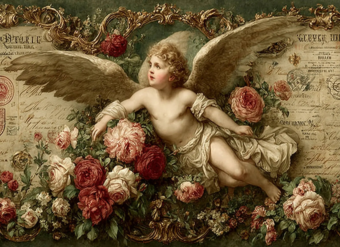 Reba Rose Creations, Rice Paper, Decoupage, Mixed Media, Cupid, Ange, Pink Flowers, Roses, Shabby Chic, Vintage Style, 2474 A4 8 X 11 Reba Rose