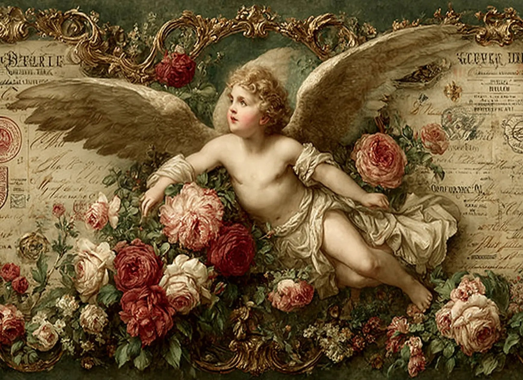 Reba Rose Creations, Rice Paper, Decoupage, Mixed Media, Cupid, Ange, Pink Flowers, Roses, Shabby Chic, Vintage Style, 2474 A4 8 X 11 Reba Rose