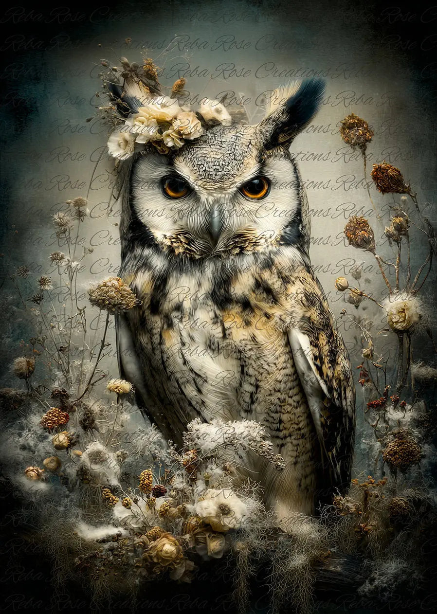 Reba Rose Creations, Rice Paper, Decoupage, Mixed Media, Majestic Winter Owl, Floral, Shabby Chic, Vintage Style, 2481 A4 8 X 11 Reba Rose