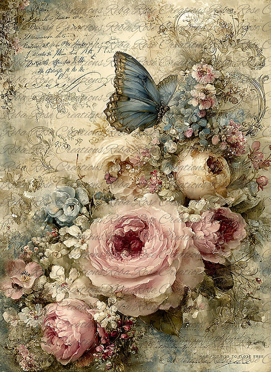 Reba Rose Rice Paper for Decoupage, Colorful Butterfly, Garden, Roses, Florals, Mixed Media, A4, 8.27 X 11.6
