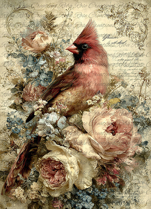 Reba Rose Rice Paper for Decoupage, Colorful Cardinal, Spring Flowers, Mixed Media, A4, 8.27 X 11.6