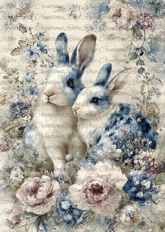 Reba Rose Rice Paper for Decoupage, Blue and White Bunny Rabbits, Flowers, Mixed Media, A4, 8.27 X 11.6