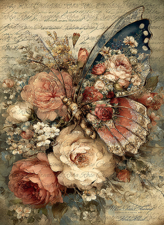 Reba Rose Rice Paper for Decoupage, Colorful Butterfly, Garden, Roses, Florals, Mixed Media, A4, 8.27 X 11.6
