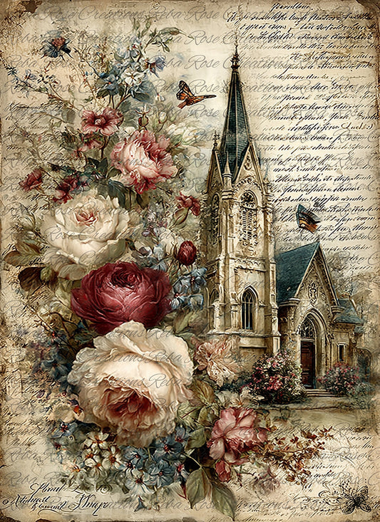 Reba Rose Rice Paper for Decoupage, Colorful Roses, Country Church, Mixed Media, A4, 8.27 X 11.6