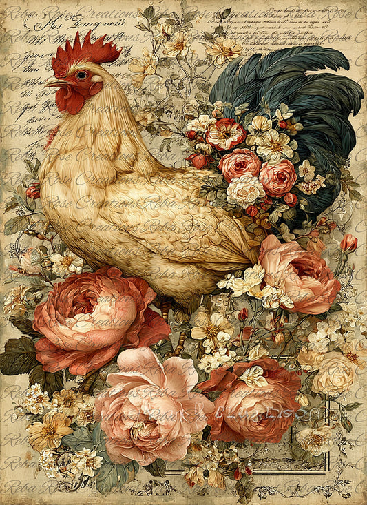 Reba Rose Rice Paper for Decoupage, Colorful Rooster, Roses, Florals, Mixed Media, A4, 8.27 X 11.6