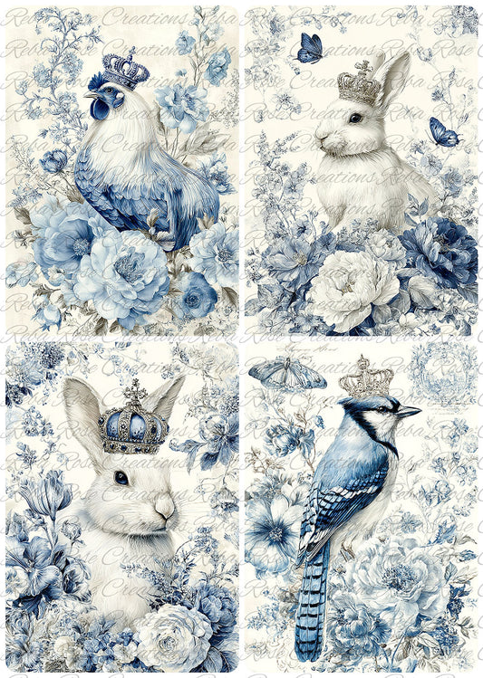 Reba Rose Rice Paper for Decoupage, Blue and White Crowned Birds, Bunny, Mixed Media, A4, 8.27 X 11.6