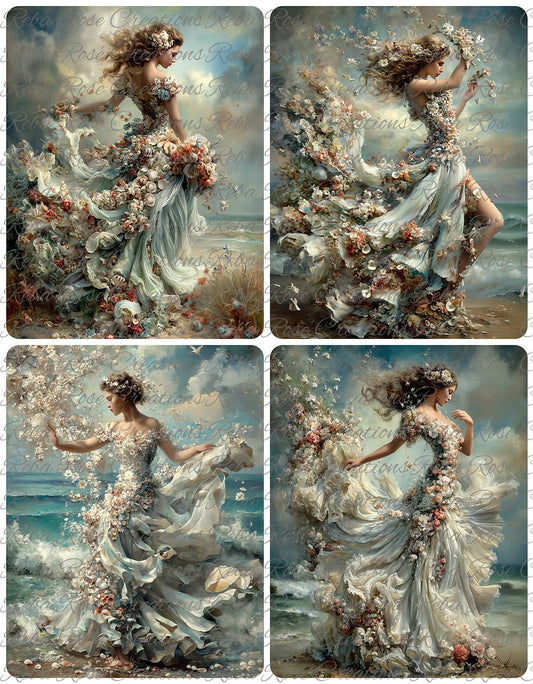 Reba Rose Rice Paper for Decoupage, Ladies with Flowing Rose Gowns Dancing by the Sea,  Mixed Media, A4, 8.27 X 11.6