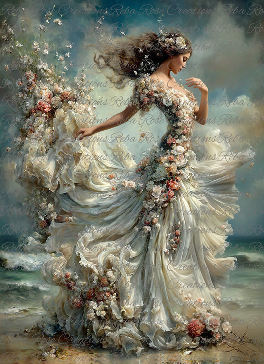 Reba Rose Rice Paper for Decoupage, Lady with Flowing Rose Gowns Dancing by the Sea,  Mixed Media, A4, 8.27 X 11.6