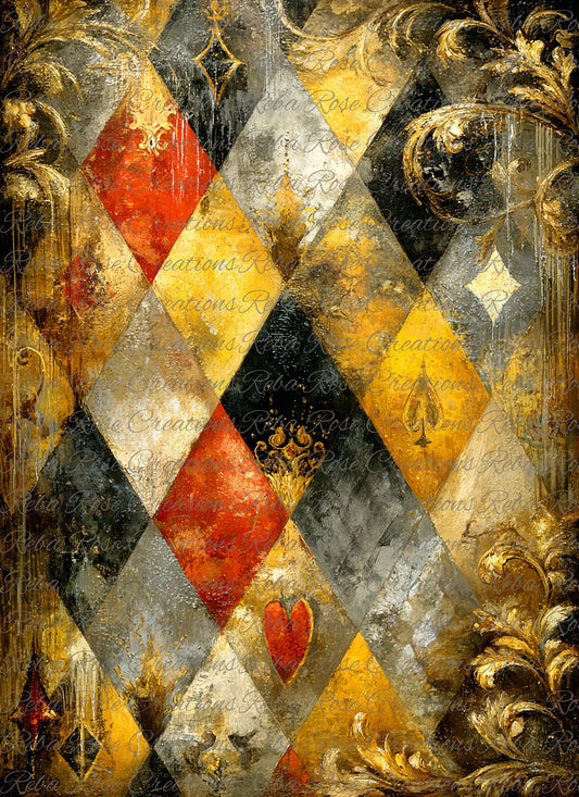 Reba Rose Rice Paper for Decoupage, Marigold Masquerade, Harlequin Pattern, Fall Colors, Mixed Media, A4, 8.27 X 11.6