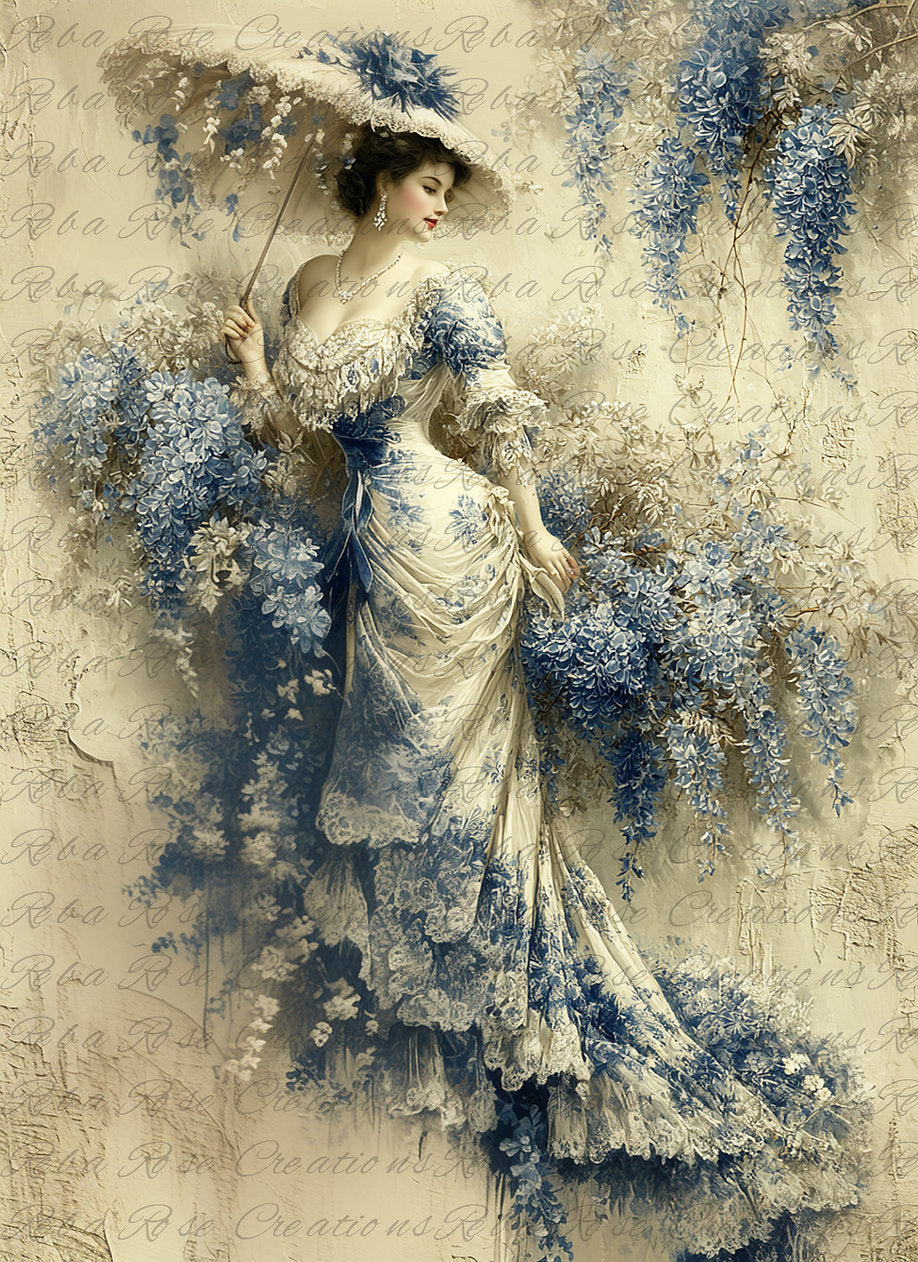 Reba Rose Rice Paper for Decoupage, Wisteria Flowers, Victorian Lady, Vintage Style, Mixed Media, A4, 8.27 X 11.6