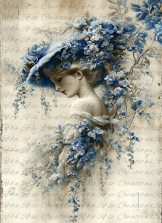 Reba Rose Rice Paper for Decoupage, Wisteria Flowers, Victorian Lady, Vintage Style, Mixed Media, A4, 8.27 X 11.6