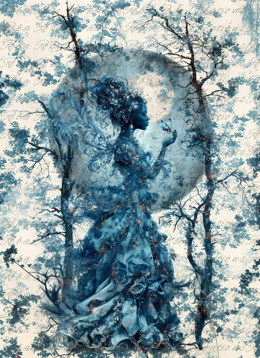 Reba Rose Rice Paper for Decoupage, Blue Fairy Moon, Mixed Media, A4, 8.27 X 11.6