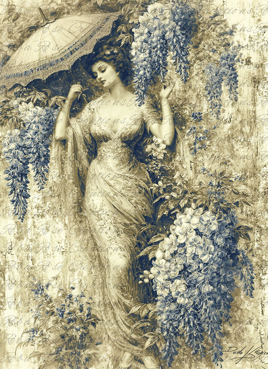 Reba Rose Rice Paper for Decoupage, Antique Blue, Wisteria Maiden, Victorian Lady, Mixed Media, A4, 8.27 X 11.6