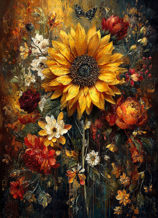 Reba Rose Rice Paper for Decoupage, Embers of Autumn, Florals, Sunflowers, Mixed Media, A4, 8.27 X 11.6