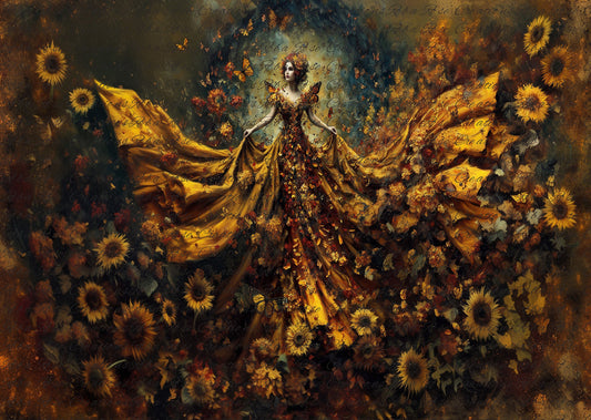 Reba Rose Rice Paper for Decoupage, Embers of Autumn, Goddess, Sunflowers, Mixed Media, A4, 8.27 X 11.6