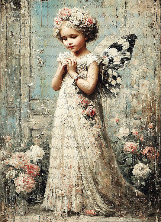 Reba Rose Rice Paper for Decoupage, Little Girl Fairy, Pink Roses, Shabby Chic, Mixed Media,  A4, 8.27 X 11.6