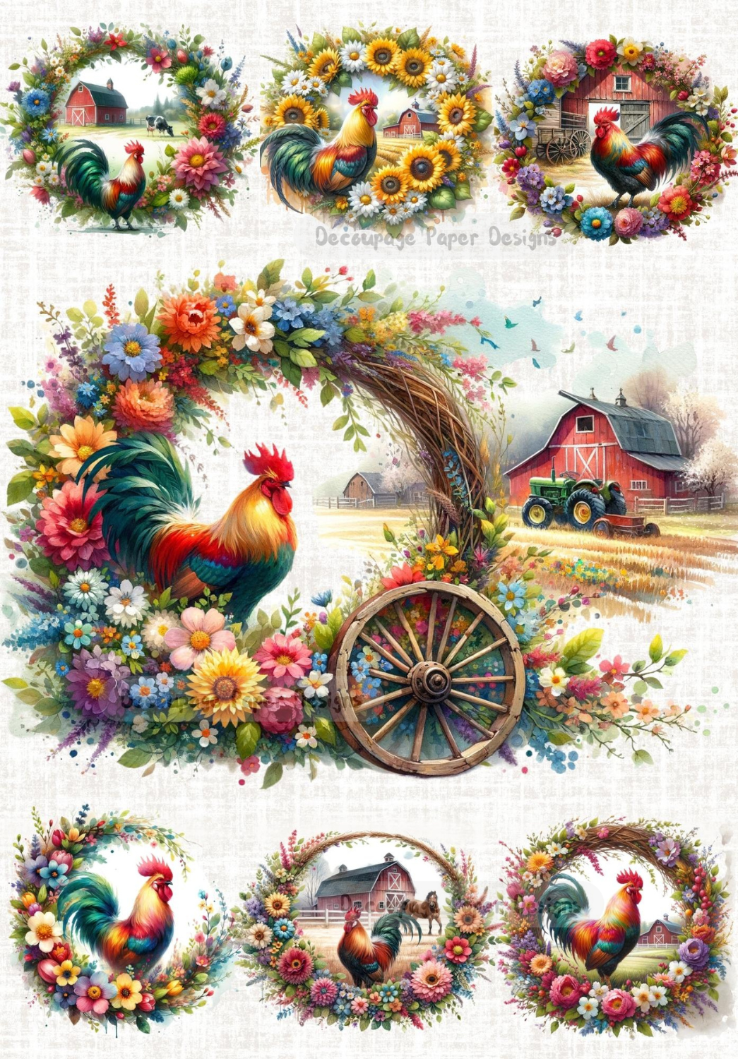 Handcrafted, Decoupage, Mixed Media, MDF Plaque, Wall Art, Rooster, Barn, Tractor, Floral Wreath, Country, Rustic, Shabby Chic, Home Decor