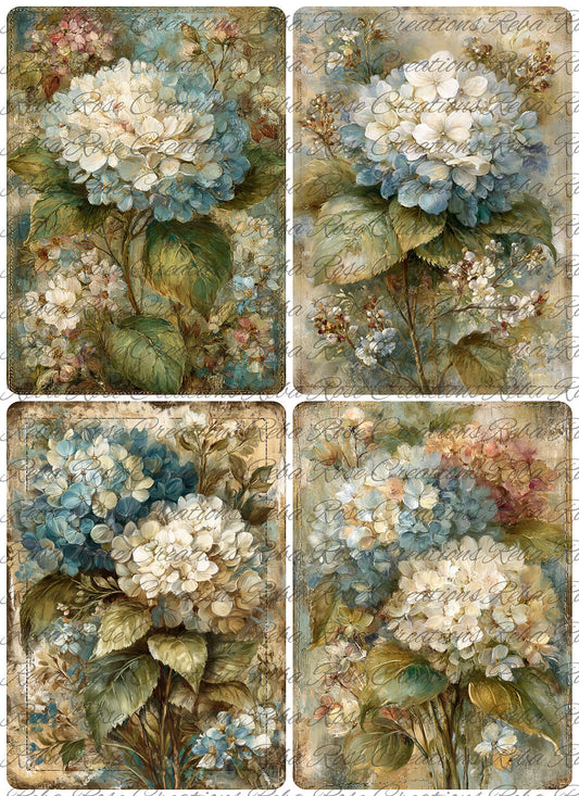 Reba Rose Creations Rice Paper, Decoupage, Mixed Media, Hydrangeas, Shabby Chic, Vintage Style,  A4 8.27 X 11.6