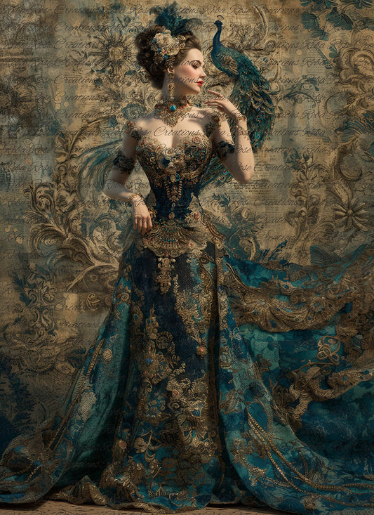 Reba Rose Rice Paper for Decoupage, Blue and Gold Lady with Peacock, Mixed Media, A4, 8.27 X 11.6