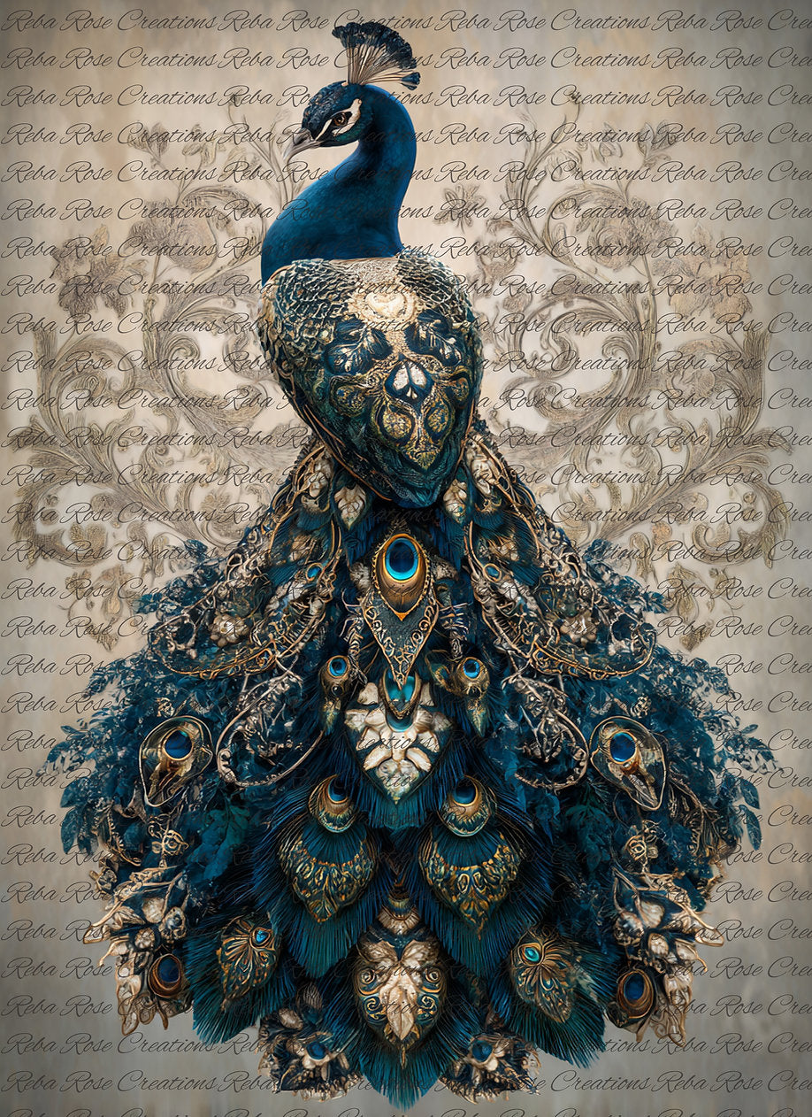 Reba Rose Rice Paper for Decoupage, Blue and Gold Peacock, Flourishes, Mixed Media, A4, 8.27 X 11.6