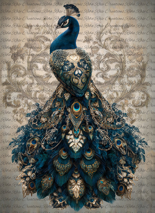 Reba Rose Rice Paper for Decoupage, Blue and Gold Peacock, Flourishes, Mixed Media, A4, 8.27 X 11.6