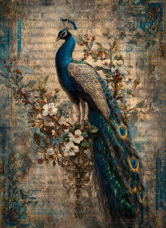 Reba Rose Rice Paper for Decoupage, Blue and Gold Peacock, Flowers, Mixed Media, A4, 8.27 X 11.6
