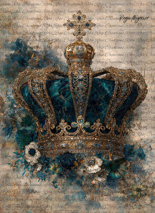 Reba Rose Rice Paper for Decoupage, Blue and Gold Crown, Florals, Mixed Media, A4, 8.27 X 11.6