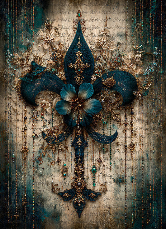 Reba Rose Rice Paper for Decoupage, Blue and Gold Fleur De Lis, Florals, Mixed Media, A4, 8.27 X 11.6