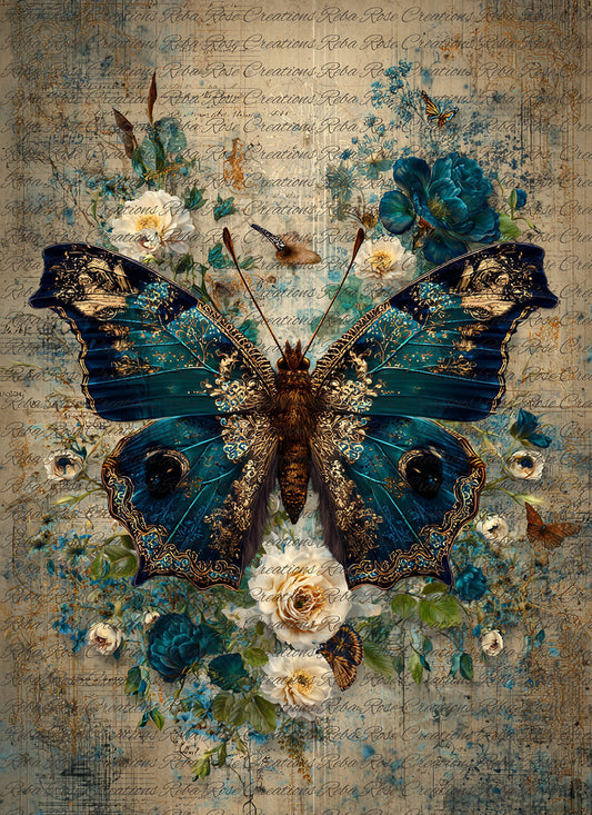 Reba Rose Rice Paper for Decoupage, Blue and Gold Butterfly, Florals, Mixed Media, A4, 8.27 X 11.6