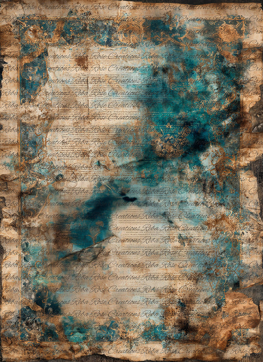 Reba Rose Rice Paper for Decoupage, Blue and Gold Marble, Mixed Media,  A4, 8.27 X 11.6