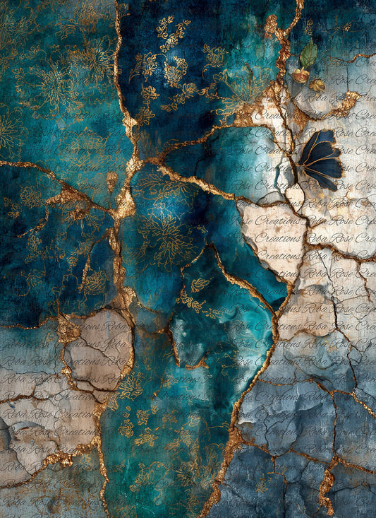 Reba Rose Rice Paper for Decoupage, Blue and Gold Marbling, Background, Mixed Media,  A4, 8.27 X 11.6